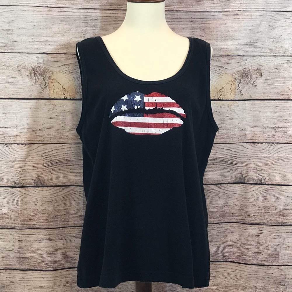 Black Glitter Lips American Flag Tank Top XL